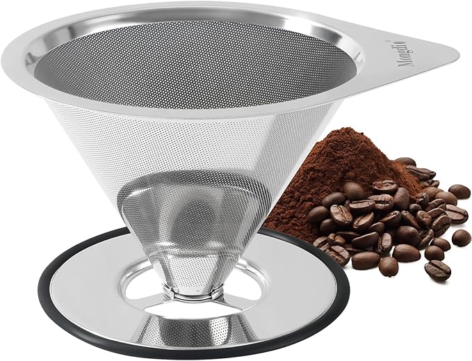 Mongdio Pour Over Coffee Dripper, Stainless Steel Coffee Dripper, Reusable Metal Coffee Filter, Double Mesh Design of Pour Over Coffee Maker with Removable Base, 1-4 Cups