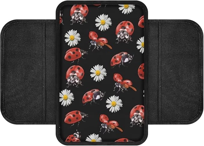 Dreaweet Car Armrest Cushion Ladybug Car Accessories for Women Center Console Pad Cover Protector Armrest Seat Box with Organizer Pockets Storage Bag,Universal Fit