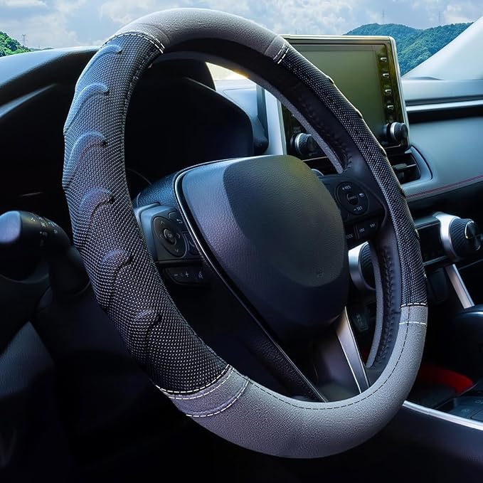 Grey Truck Steering Wheel Cover with Breathable Grip, Premium Faux Leather, Universal fit for Full Size Trucks and SUVs with Steering Wheel Size 15.5" to 16"