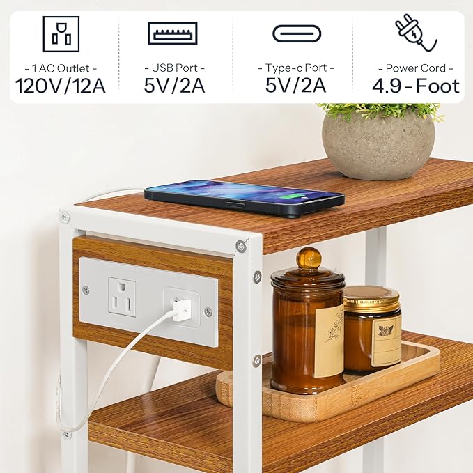 HOOBRO Small Narrow Side Table with Charging Station, Skinny End Table for Small Spaces, Slim Nightstand with USB Ports Outlet, Sofa Beside Table with Storage Shelf, White and Walnut WH102UBZ01