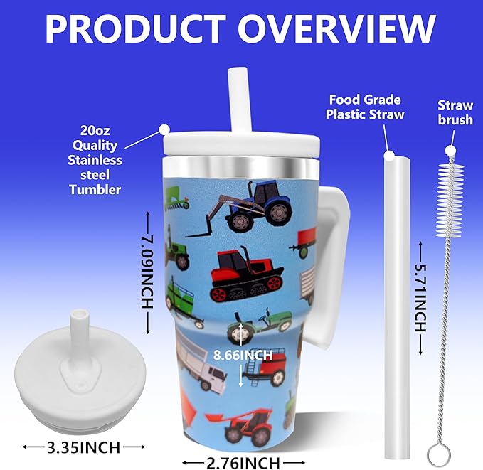 20-OZ Insulated Water Bottle,Insulated Stainless Steel Tumbler,Reusable Cold Drink Thermos,BPA-Free, Double-Wall Stainless Steel Water Bottle (Blue-Farm Vehicle, 20, Fluid Ounces)