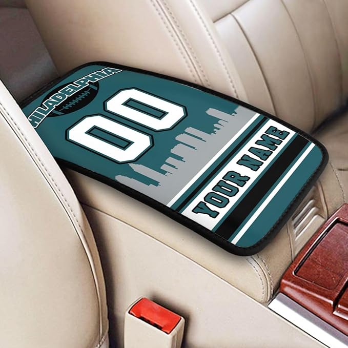 Custom Football Car Armrest Covers Personalized Football Style with Name Number Customized Auto Center Console Pad Car Handrail Box Cushion for Most Vehicle Decor Accessories, Green