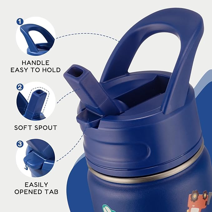 12oz Water Bottle for School, Bottles with Straws, Stainless Steel Vacuum Insulated Water Bottle, Leak-Proof, BPA-Free, Blue Transportation