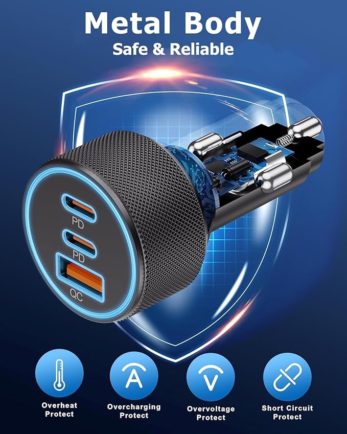 67W Car Charger Super Fast Charging Cigarette Lighter USB Phone Accessories Charger Voltmeter Adapter with QC USB c Type c PD Universal Quick Charge Multi 4 Port for 12-24v Car Cigarette Lighter Plug