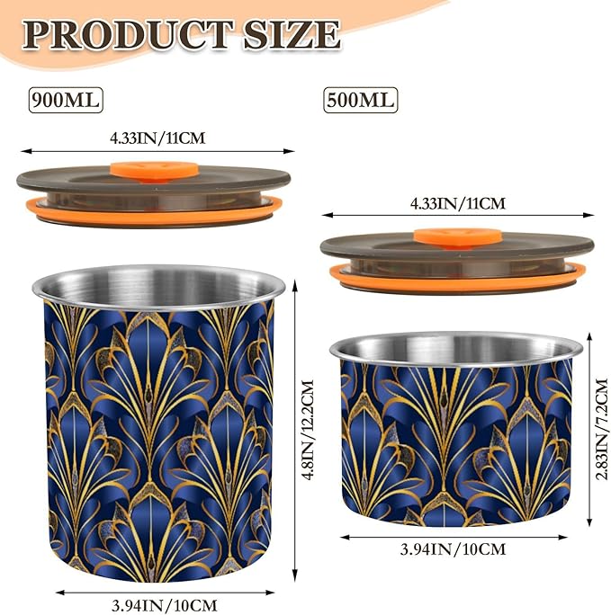 ALAZA Royal Blue & Golden Art Deco Floral Airtight Coffee Bean Canister 500ml Food Storage Containers with Lids For Gournd, Tea, Sugar, Flour, Rice, Cereal, Candy Cookie Jar