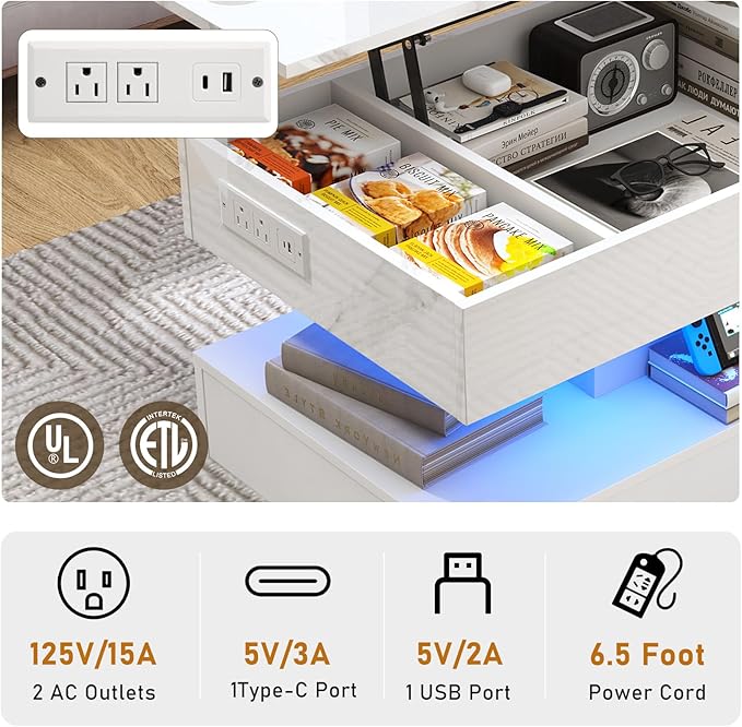39.4" Large Lift Top Coffee Table, Modern LED High Glossy Coffee Table with Charging Station, Lights, Hidden Compartment Storage, Lift Center Tables for Living Room, Home Office, White