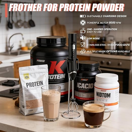 Mity Rain 4-in-1 Frother for Protein Powder, Adjustable-Waterproof, Protein Powder Scoop Funnel Set, Detachable Rechargeable Protein Mixer Wand for Coffee, Matcha, Milk, and Drinks (New Black)