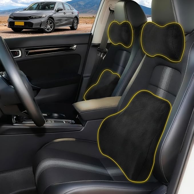 Car Neck & Lumbar Support Pillow Set for Honda Civic, Soft Memory Foam Headrest & Back Cushion, Ergonomic Comfortable Seat Support for Daily Driving and Long Trips Car Interior Accessories