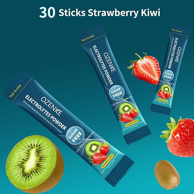 Electrolytes Powder Packets, 30 Sticks Hydration Packet Sugar Free, Electrolyte Drink Mix Travel Electrolyte for Rapid Hydration, Strawberry Kiwi