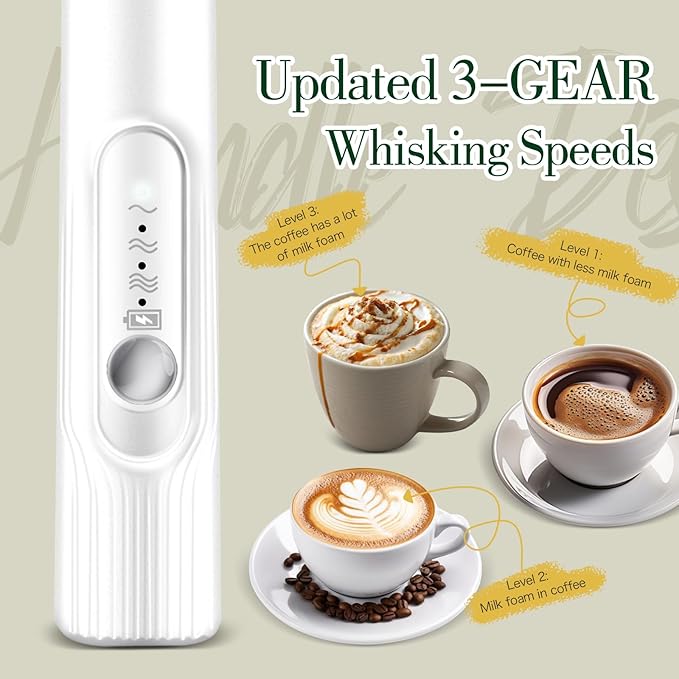 Milk Frother Hand Mixer, Rechargeable Electric Whisk, Cordless Handheld Foam Stirrer with 2 Heads 3 Speeds, For Latte, Cappuccino, Hot Chocolate, Egg, Protein Powder (Black)