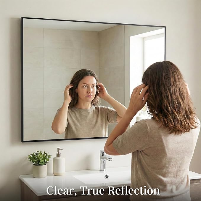 48''x36'' Extra Large Black Bathroom Mirror, Metal Framed Vanity Mirror for Wall, Wide 36x48 Rectangular Mirror Over Sink, Industrial Decor, Flush Mount
