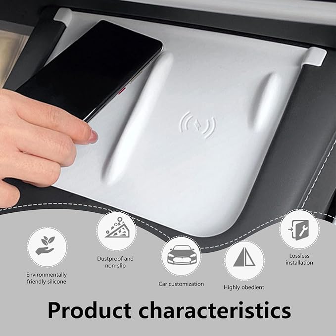 1 PC Car Central Control Wireless Supplementary Power Supply Silicone Pad, 9" x 7" Flexible Non-Slip Panel, 1:1 Dustproof Cleanable Mobile Phone Tray, Compatible with Tesla Model Y/3 (White)