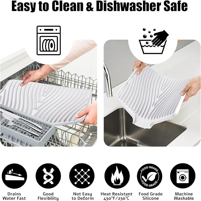 TIKNIK Silicone Dish Drying Mat for Kitchen Counter - Heat Resistant & Non-Slip Dish Drain Pad with Built-In Drain, Dishwasher Safe, Quick-Dry, Hangable & Roll-Up for Storage, White-2pcs, 20" x 15"