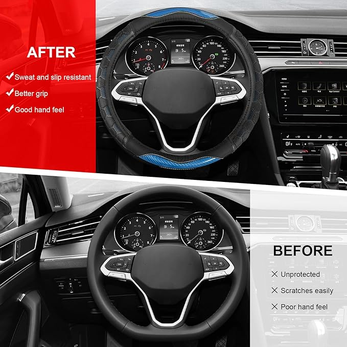 Carbon Fiber Steering Wheel Cover, Non-Slip Leather Steering Wheel Protector with 3D Honeycomb Design, Comfy Grip Breathable Sporty Auto Wheel Wrap for Most Cars Trucks SUVs (Sky Blue)