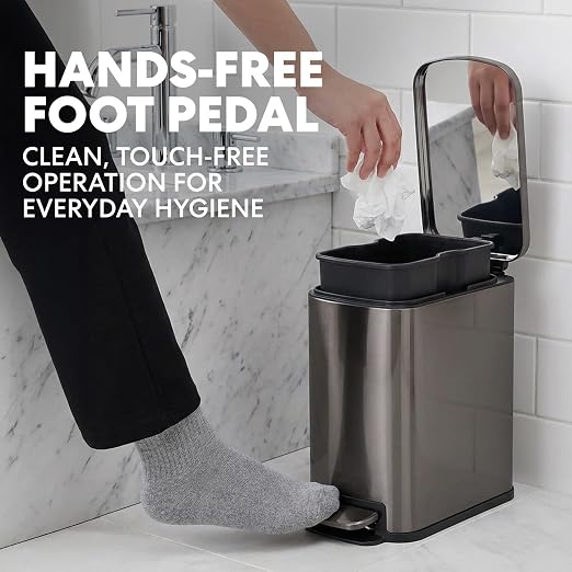 SIMPLI-Magic 6L/1.6G Stainless Steel Bathroom Trash Can with Hands-Free Foot Pedal, Quiet Soft-Close Lid, Compact Space-Saving Size
