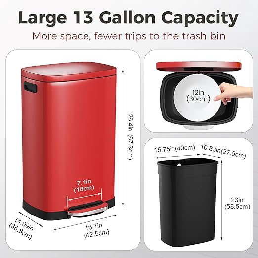 ELPHECO LPHECO Kitchen Trash Can with Lid Soft Close, 13 Gallon / 50L Stainless Steel Pedal Garbage Can, Heavy-Duty Step Wastebasket with 20 Bags, Removable Bucket, Home Office, Kitchen, Scarlet Red