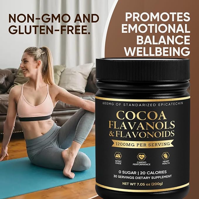 High Flavanol Cacao Powder, with 1200mg Flavanols & Epicatechin Blend for Supports Circulation, Energy Boost & Elevate Mood, Supports Heart Health & Brain Function, Gluten Free, Vegan, 200g