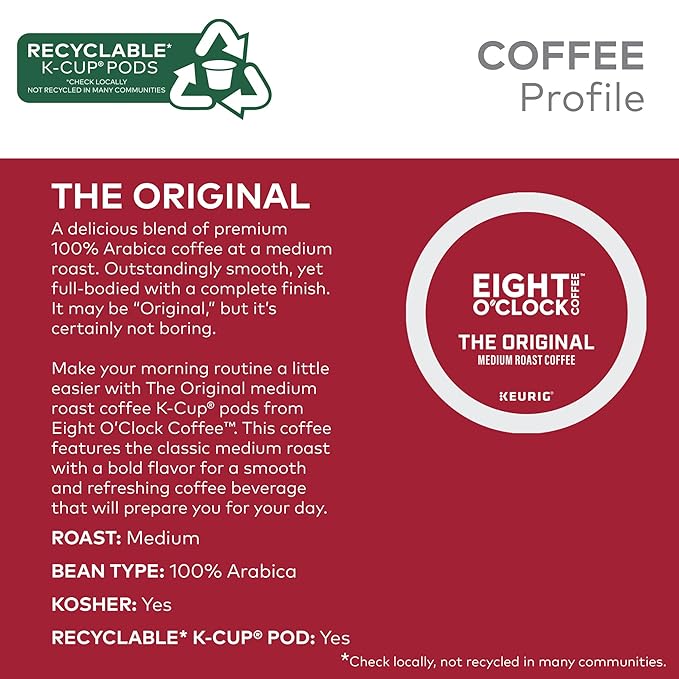 Eight O'Clock Coffee The Original, Single-Serve Keurig K-Cup Pods, Medium Roast Coffee Pods, 72 Count