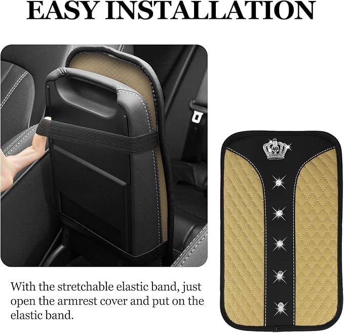 Bling Crown Car Center Console Cover, 12.7"×7.7" Armrest Cover for Cars, Waterproof Leather Arm Rest Box Pad Cushion, Universal Middle Console Cover Protector, Car Accessories (Beige)