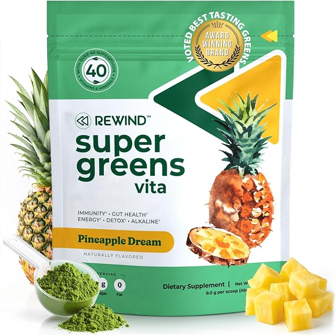 Rewind Best Tasting Super Greens Powder with 40+ Superfoods – Delicious Daily Green Powder with Vitamin B12, Zinc, Vitamin C, Magnesium & Calcium – Green Juice Superfood Mix - Pineapple Flavor