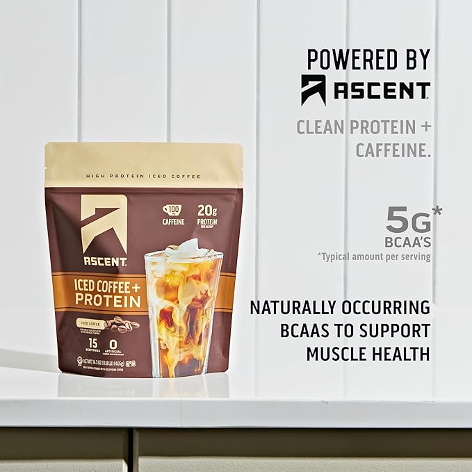 Ascent Iced Coffee Protein Powder - High Protein Coffee Powder, 20 g Protein & 100 mg Caffeine from Premium Colombian Coffee, Zero Artificial Flavors & Sweeteners - 15 Servings