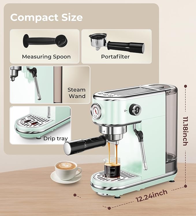 20 Bar Espresso Machine with Milk Frother, Compact Espresso Maker, Stainless Steel Coffee Machine with Precise Temp Control & 44oz Removable Water Tank for Latte, Cappuccino, Light Green