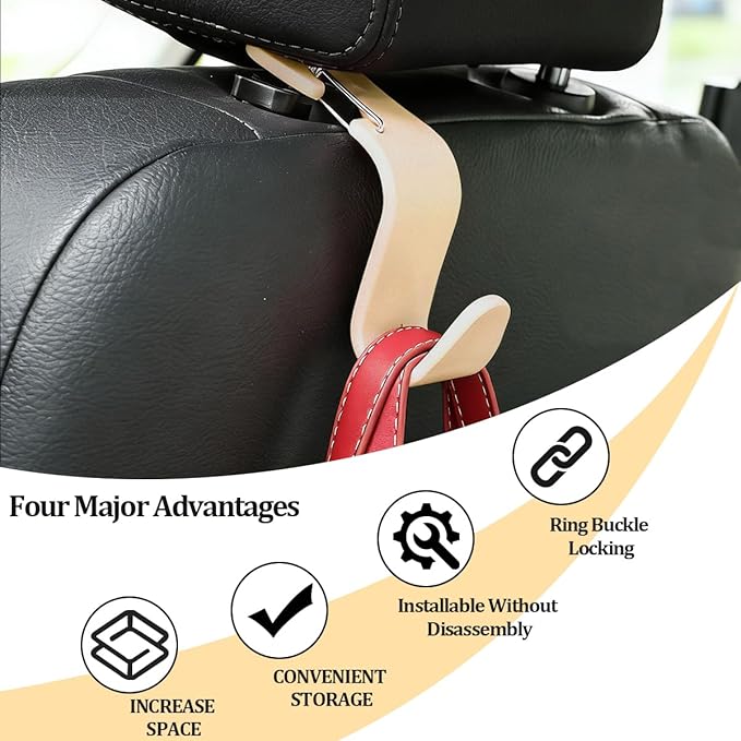 4PCS Car Seat Headrest Hook, Multifunctional Vehicle Seat Back Hanger Holder for Purse Handbag Umbrella, Automotive Interior Backseat Storage Organizer, Universal for SUV Van Truck (Beige)