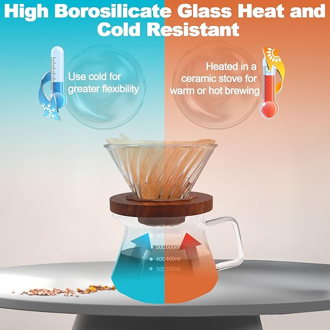 Pour Over Coffee Maker Set 600ml 20.3oz Portable with 100 Pcs Filter Paper Glass Coffee Maker High Borosilicate Glass Eagle Beak Spout Design Walnut Wood Base for Pour Over for Daily Brewing