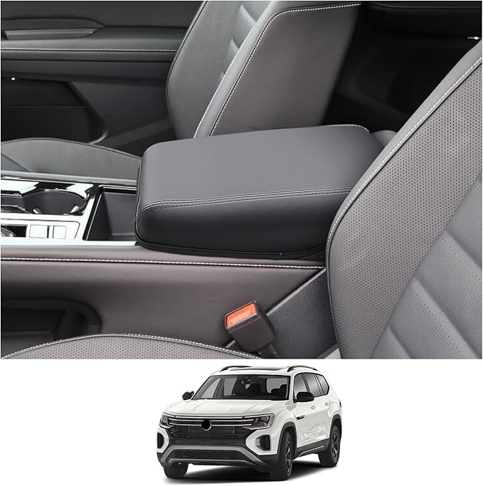 CDEFG for 2024 2025 2026 VW Volkswagen Atlas Center Console Cover for Atlas Accessories 2025 2026 Armrest Cover Atlas 2025 Middle Console Pad Arm Rest Cushion (Black Leather)