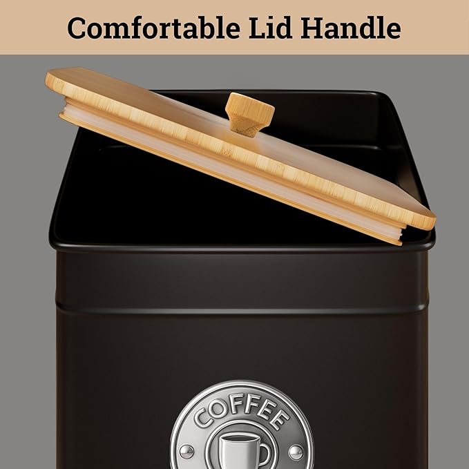 Airtight Coffee Canister - 40 oz Large Iron Black Coffee Container Airtight - 6 x 8 inch Metal Jar - Stylish Countertop Container for Grounds, Beans, Pods & More with Rubber-Lined Bamboo Lid