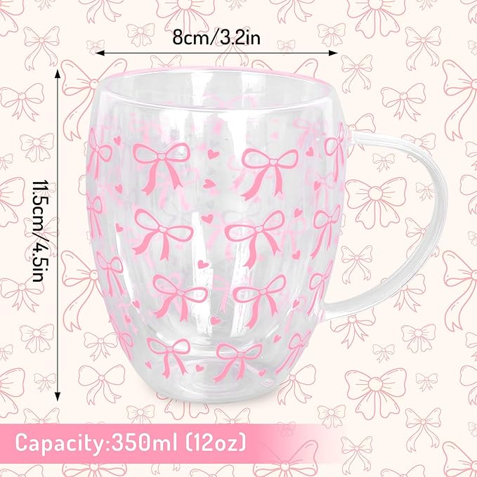 JarThenaAMCS Pink Bow Double Wall Glass Coffee Mugs 12Oz Cute Bowknot Heart Insulated Glasses Clear Espresso Cups with Handle for Home Holiday Supplies, Set of 2