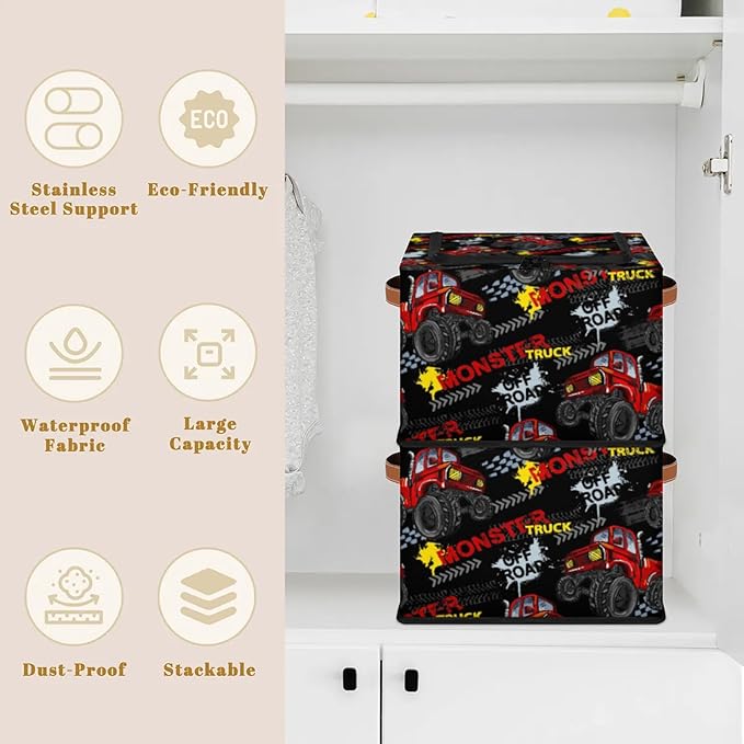 Storage Bins With Zipper Lid, Collapsible Trunk Organizer, Car Organizers and Storage Bins with Lids, Decorative Storage Boxes with Handle, Home Storage Baskets for Organizing (Monster Truck)
