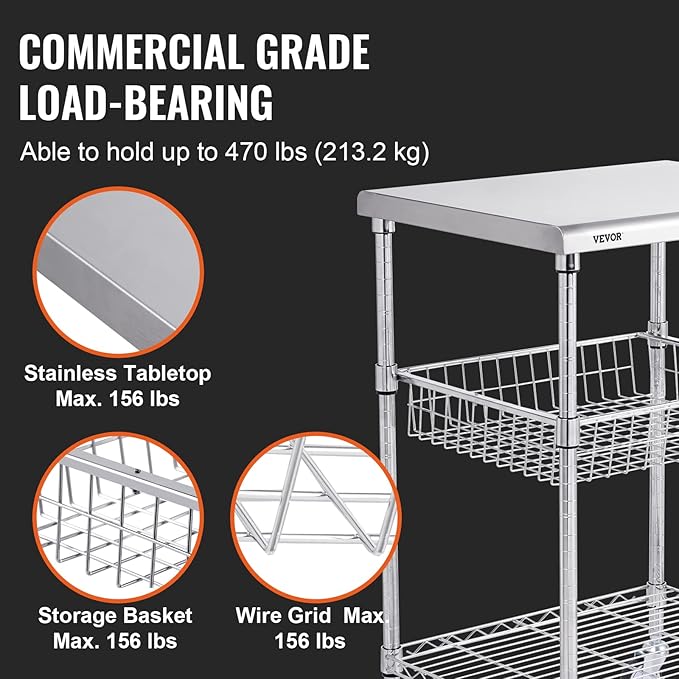 VEVOR Kitchen Utility Cart, 36.6"x20"x24" 3 Tiers Wire Rolling Cart, 470LBS Capacity Steel Service Cart with Brake Wheels, Storage Trolley with 76mm Basket PP Liner 6 Hooks, for Indoor & Outdoor Use