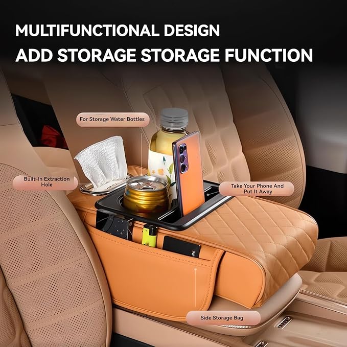 Multifunctional PU Leather Car Armrest Box Mat, 5-in-1 Multifunctional Car Armrest Cushion, Center Console Cover with 2 Cup Holder, For Storing Tissues, Phones, Wallets, Drinks, for Most Cars (Beige)