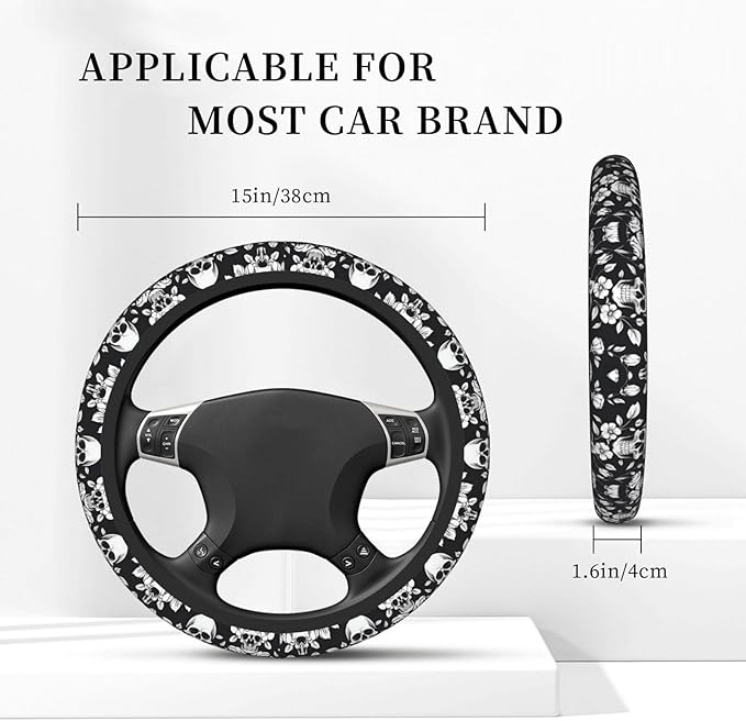Skull-Damasks Car Steering Wheel Cover, 15 Inch Steering Wheel Cover Stylish Decor for Most Cars