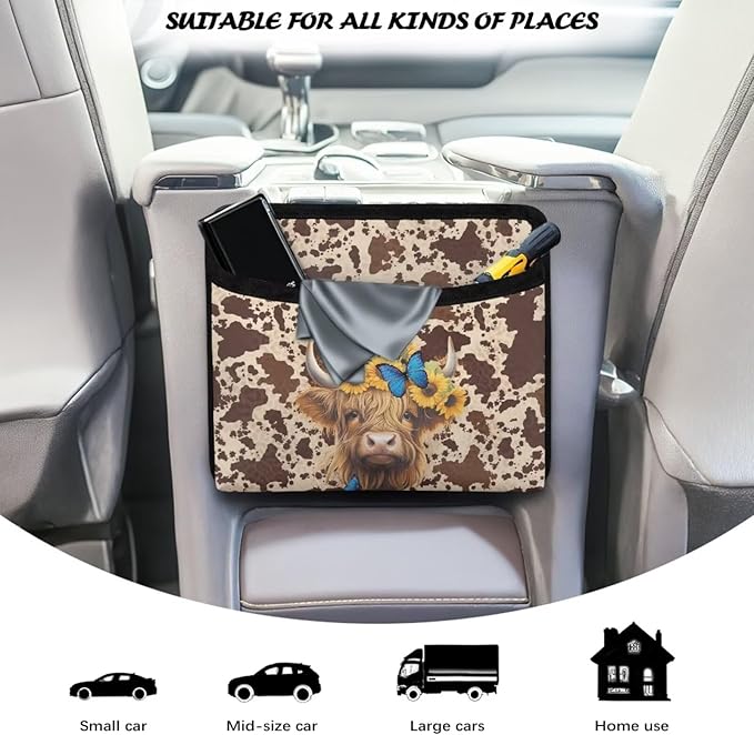 Highland Cow Universal Car Side Pocket Organizer, Car Pocket Pouch for Cars Seat, Door, Window, Console, Multifunctional Cars Organizer Accessories for Phone Sunglasses Keys Cards