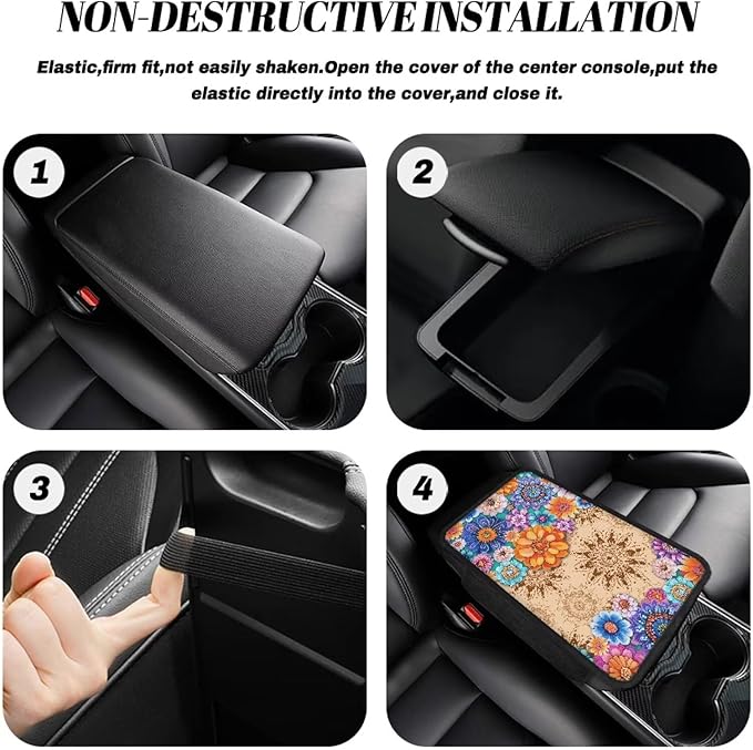 Dreaweet Car Center Console Cover with Pockets Boho Mandala Lotus Armrest Cover for Car Women,Universal Arm Rest Cover for Car Center Console for Truck SUV Cars Sedan