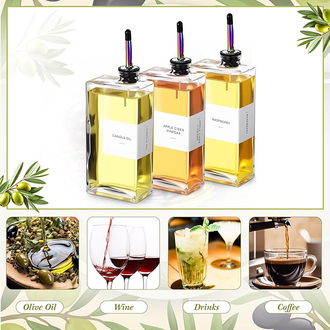 3 Sets Olive Oil Dispenser Bottles for Kitchen with Nozzles Funnel Labels Cooking Oil Dispenser 500ml Set for Kitchen Vinegar Coffee Syrup (Bright Color)