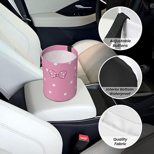 Cute Pink White Polka Dots Car Trash Can Garbage Cans Foldable,Small Hanging Car Organizer Storage Bag Leak Proof, Auto Back Seat Trash Bin Universal for Truck, SUV, Outdoor Travel