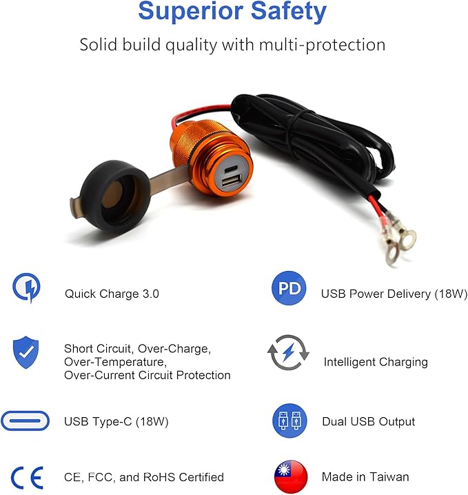 Cliff Top 12V USB Outlet 12 Volt USB Charging Port 12V Outlet USB 12 V Outlet 36W PD USB-C and QC 3.0 Magnetic Power Switch Boat USB Charging Port Waterproof - Prevent Battery Drain - Golden