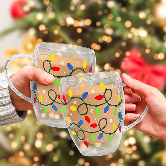 JarThenaAMCS Christmas Double Wall Glass Coffee Mugs 12Oz Colorful Xmas Light Bulb Insulated Glasses Clear Espresso Cups with Handle for Winter Holiday Supplies, Set of 2