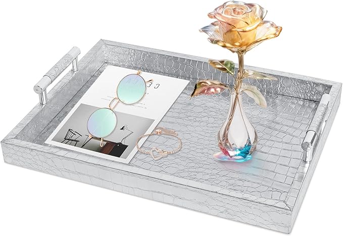 Faux Leather Rectangle Serving Tray with Handles, Large Decorative Tray for Ottoman Coffee Table Decor Living Room, Kitchen, Bathroom, 16x12inches (Silver)