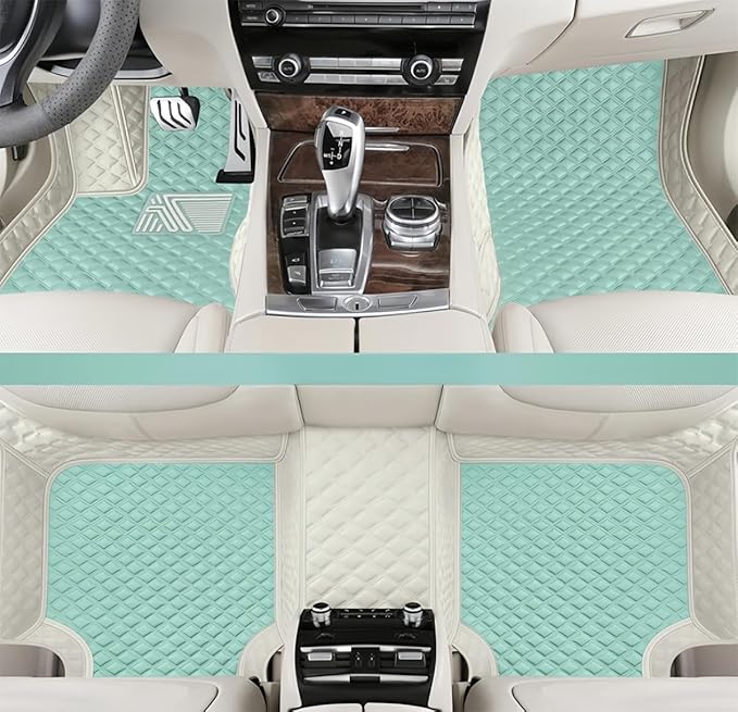 Custom Making Car Floor Mats for 98% Sedan SUV Car Protection Full Coverage Mats Anti-Slip Leather Floor Liners All Weather Car Floor Mats (White+Elegant Green)
