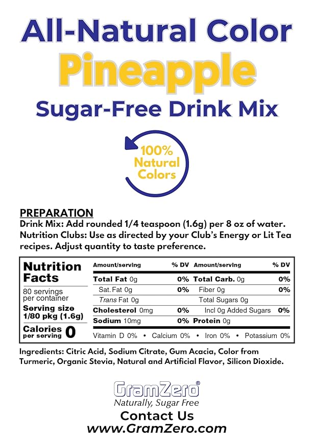 GramZero Pineapple Zero Calorie Sugar Free Drink Mix, Great For Nutrition Club Loaded Teas, Stevia Sweetened