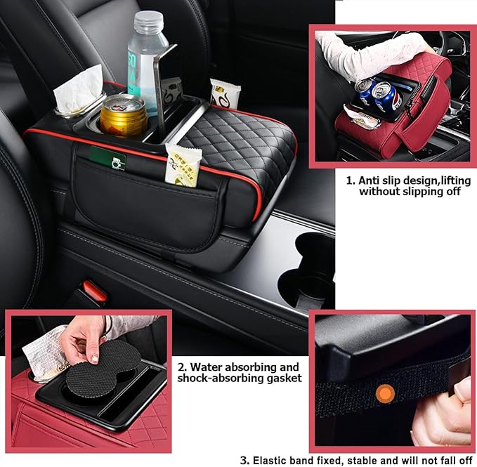 Car Armrest Storage Box for Lincoln Nautilus 2019-2024, Center Console Organizer with Side Pocket, Ergonomic Memory Foam Armrest Cushion, Car Elbow Support Pad,G Orange