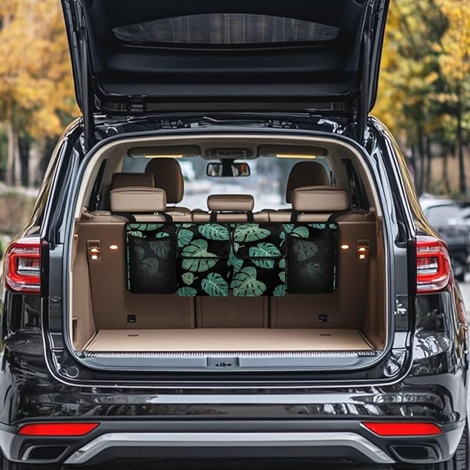 Tropical Palm Leave Large Capacity Car Trunk Organizer, Waterproof Oxford Backseat Hanging Storage Bag with 4 Pockets, Foldable Car Organization for Car Tools, Car Accessory for SUV Truck