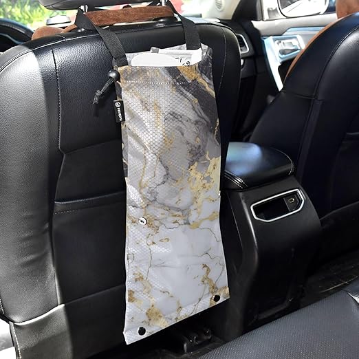 ALAZA Hanging Car Trash Bags Garbage Bag Trash Can for Back Seat Small Marble White Gold Washable Storage Bag Retractable 2 Pack