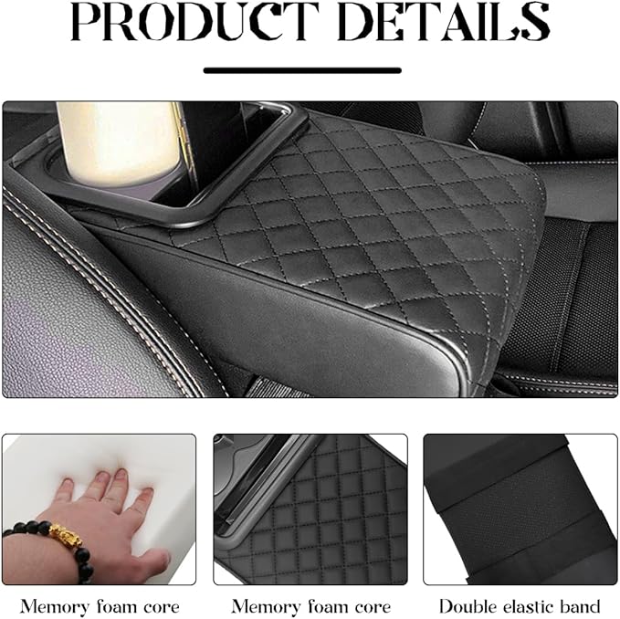 Car Center Console Armrest Pillow, 14"×8.3" Leather Memory Foam Armrest Cushion with Cup Holder & Phone Holder, Waterproof Middle Console Cover Box Protector for Most Vehicle (Diamond Pattern)