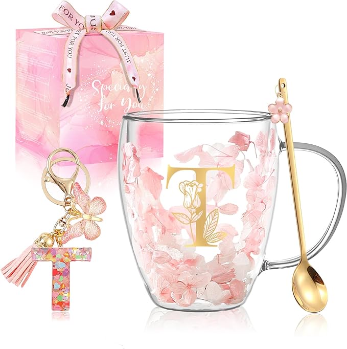 Personalized Gift for Women Flower Glass Coffee Mug Initial Tea cup Monogrammed Customized Bridesmaid Bride Wedding Gifts Graduation Gifts Valentine Mother's Day Birthday Christmas Gift (T)