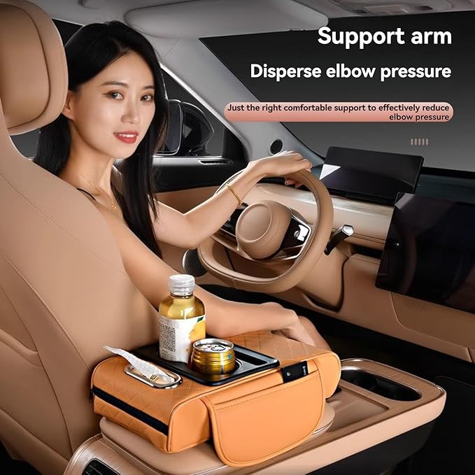 Multifunctional Pu Leather Car Armrest Box Mat, 5-In-1Multifunctional Car Armrest Cushion, Car Arm Rest Cover Pad, Center Console Organizer with Cup Holder, Tissue Box & Phone Slot (Black)